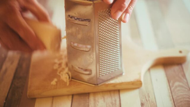 Close-up of chef hands grating fresh deli ham or sandwich meat using a stainless steel grater. Preparing savory ingredients for baking topping, homemade cooking on wooden table background, 4k.