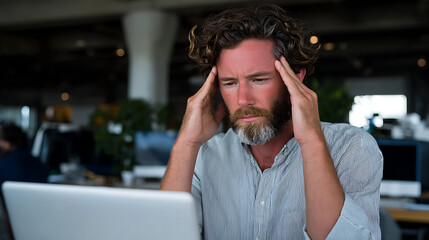 Fototapeta premium tired frustrated office worker resting his hand on his head while sitting in front of a laptop representing workplace stress and burnout today closeup