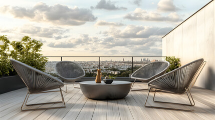 Fototapeta premium Modern rooftop terrace with lounge chairs and fire pit overlooking city skyline at dusk