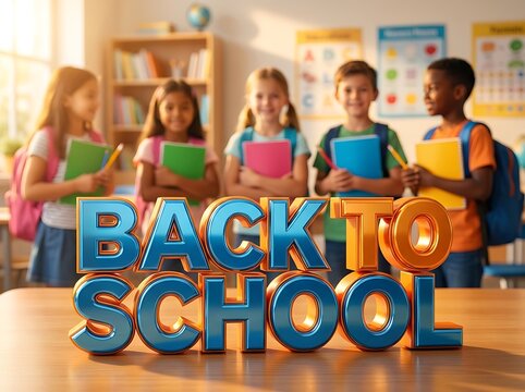 Happy kids excited back to school with supplies