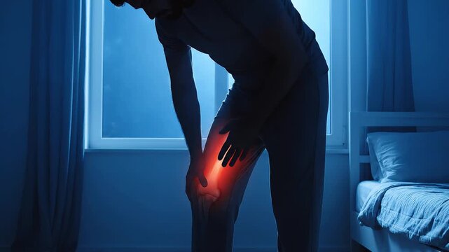 A man experiencing severe leg pain, clutching his thigh in a dimly lit bedroom at night, with a red highlight indicating the area of discomfort.