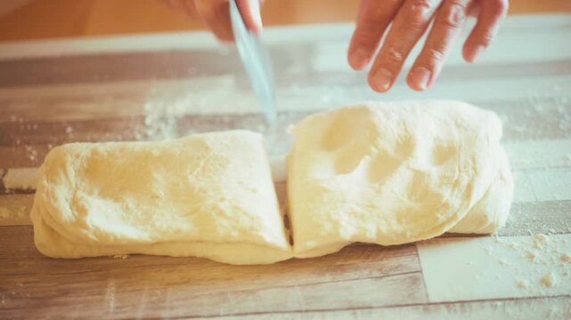 Close-up of chef hands using a metal bench scraper to divide fresh yeast dough into two portions. Preparing homemade bread or pizza dough balls on a floured wooden kitchen table background, 4k.