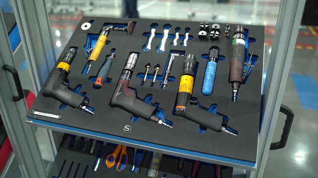 A set of pneumatic assembly tools organized in a foam shadow board