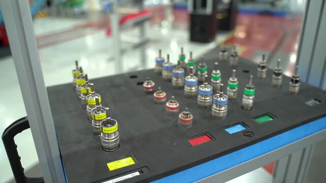 Angled view of calibrated torque tool inserts in a workshop foam tray