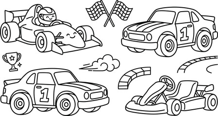 Obraz premium Cute racing cars line art elements set with formula one vehicle go kart and checkered flag vector illustration.