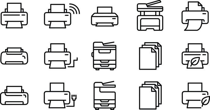 Office printer and copier icons with wireless and eco-friendly symbols in a modern vector silhouette style isolated on white background