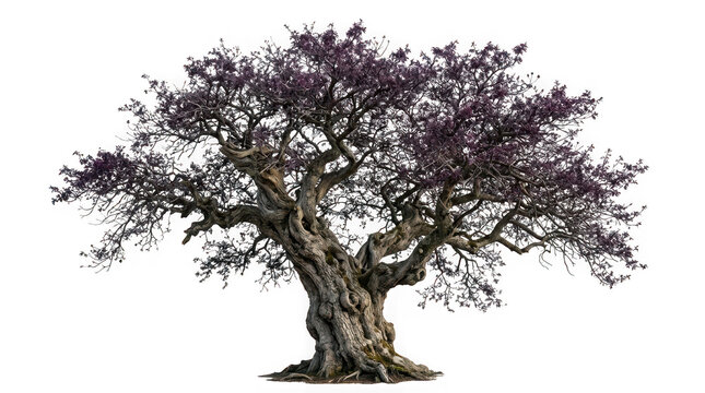 Ancient gnarled tree with dark purple foliage isolated on transparent background