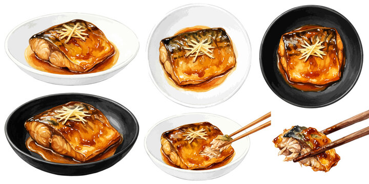 鯖の味噌煮のイラストセット,水彩風のさばのみそに、和食の定食、白皿と黒皿、お箸のほぐし身独立パーツ素材集,手描きベクター,煮魚,和食・定食メニュー素材