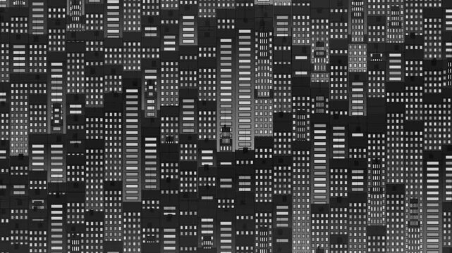 monochrome city, modern loopable animation of a dense, dark isometric cityscape with glowing windows, urban life at night, high angle rotation view
