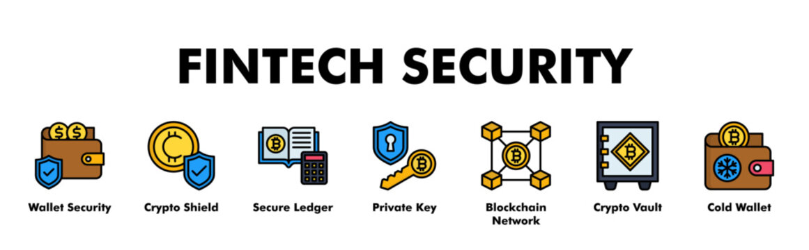FINTECH SECURITY web banner icon vector illustration concept for business with icon of Wallet Security, Crypto Shield, Secure Ledger, Private Key, Blockchain Network, Crypto Vault.