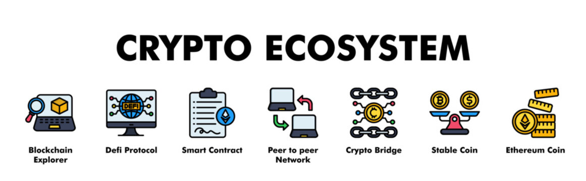 CRYPTO ECOSYSTEM web banner icon vector illustration concept for business with icon of Blockchain Explorer, Defi Protocol, Smart Contract, Peer to peer Network, Crypto Bridge, Stable Coin.