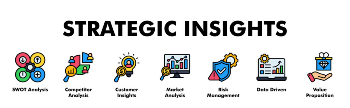 STRATEGIC INSIGHTS web banner icon vector illustration concept for business with icon of SWOT Analysis, Competitor Analysis, Customer Insights, Market Analysis, Risk Management, Data Driven.