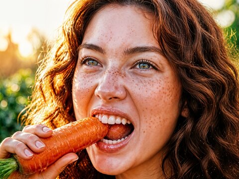 dieta estiva con verdure e vitamine: ragazza che morde una carota,