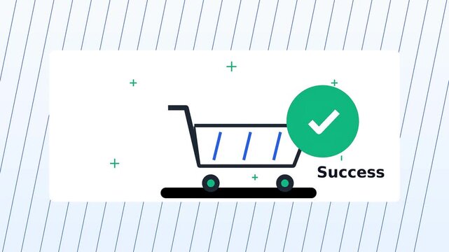 A shopping cart with a green success checkmark rolls on a black base on a white background with green plus signs.