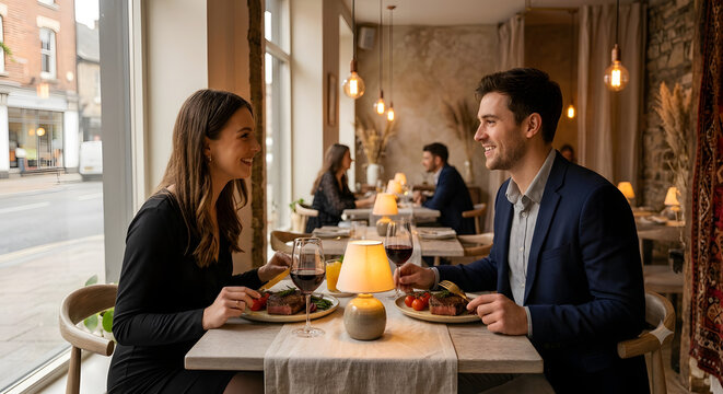 Elegant couple enjoying a romantic dinner date with steak and red wine at a cozy restaurant.