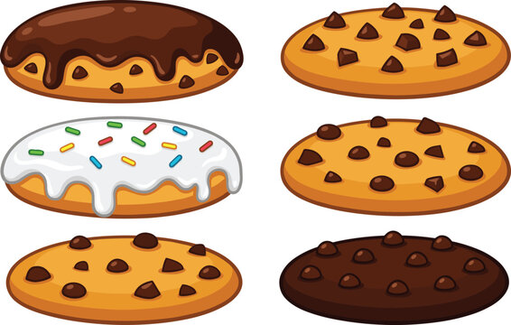 Delicious chocolate chip cookie vector set with frosting sprinkles and sweet dessert icons for design