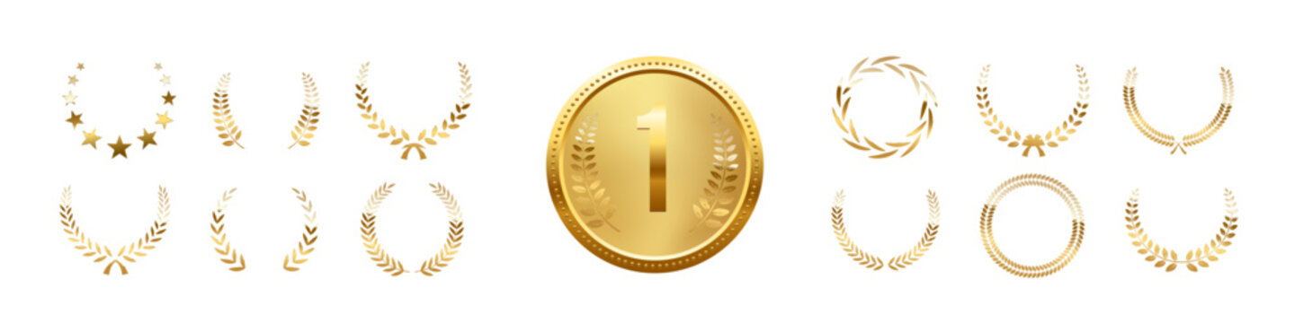 Gold award medals with laurel wreath. Golden medals with number one and leaf wreath on white background. 3d metal winner emblems. Realistic vector illustrations set.