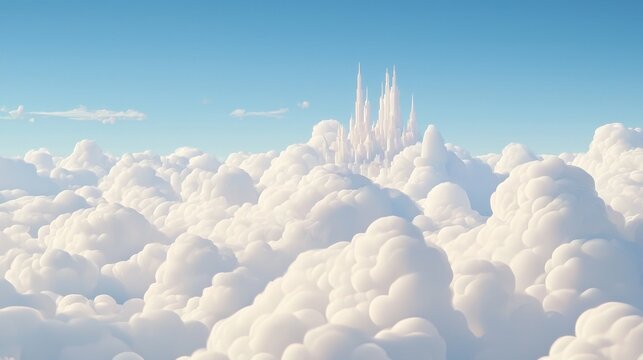 A white castle with three towers stands in the middle of a field of clouds.