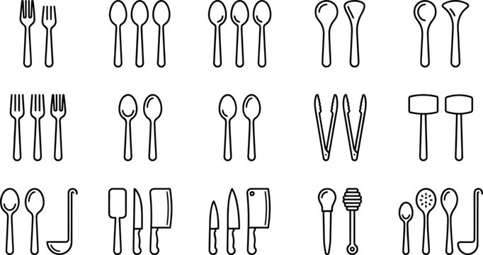 Kitchen Utensils and Cutlery Line Icon Set with Fork Spoon Knife Ladle Tongs and Cleaver Vectors for Restaurant Designs
