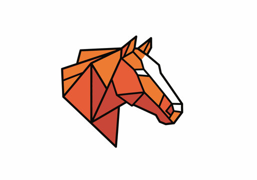 Geometrically stylized horse head composed of multiple orange and red polygons with bold outlines