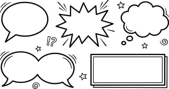 Comic speech bubbles and thought clouds line icon set featuring explosion shout text frames and doodle vector elements
