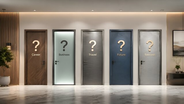 Choosing between multiple career paths and life choices, symbolized by doors with question marks
