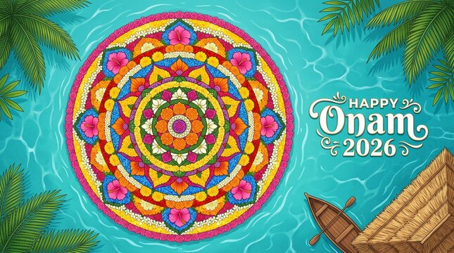 Happy onam 2026 pookalam festival background design water kerala backwater illustration vector art flower rangoli tradition culture holiday