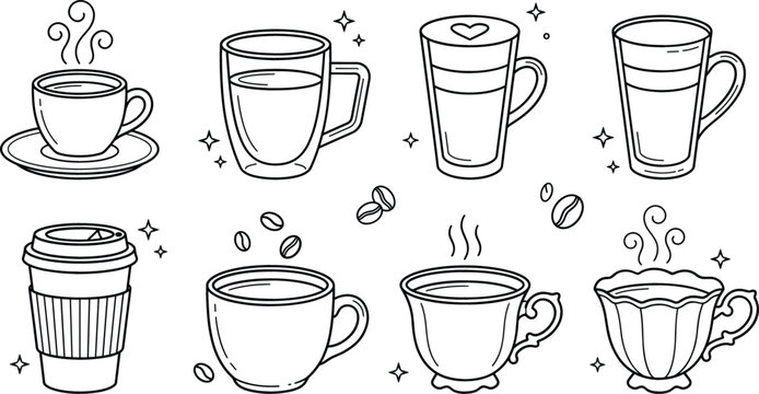 Coffee cup and beverage doodle line icon set featuring espresso latte glass takeaway mug and tea teacup vector