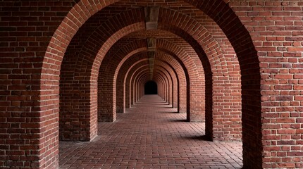 Fototapeta premium A long corridor with multiple arched doorways leads to a distant dark opening in a red brick wall structure