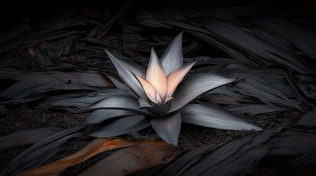 A single flower with a pale pink center and dark gray petals sits on a bed of dark brown and black leaves.
