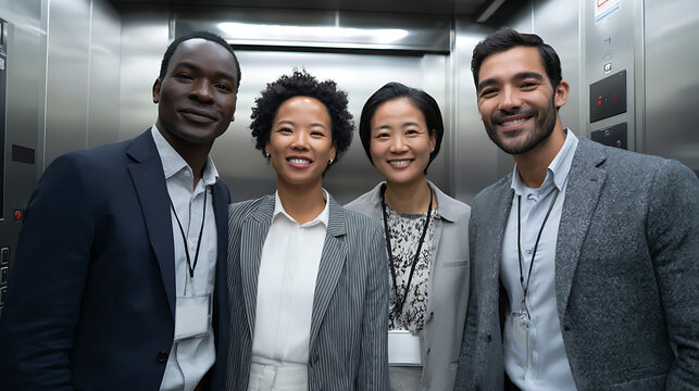 corporate team portrait showing diverse professionals smiling inside elevator representing business collaboration success