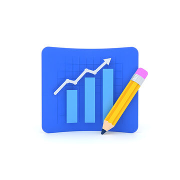 A blue graph with a pencil on it showing an upward trend on transparent background