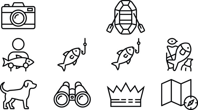 Fishing Adventure Line Icon Set with Outdoor Recreation Equipment Boat Camera Map and Catching Fish Symbols