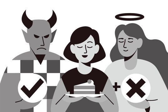 Stressed woman holding a piece of cake while experiencing a moral dilemma represented by an angel and a devil.