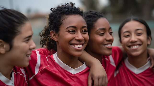 teenage female soccer players huddled together laughing showing team unity and athletic bonding outdoors