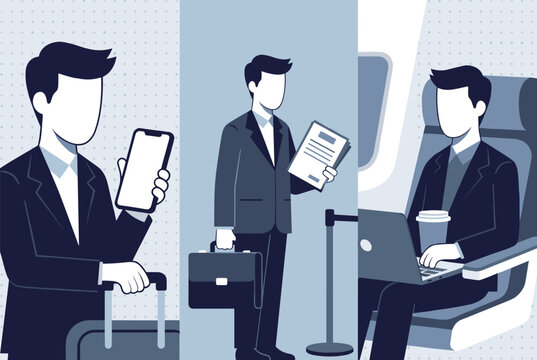 Businessman managing various travel tasks from holding a phone to checking documents and working on a laptop during a flight.