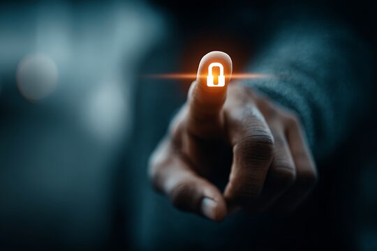 Close-up of a person pressing a digital security button with a glowing padlock icon on a futuristic interface