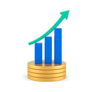 Growing financial success represented by blue bars and green arrow on golden coins symbolizing profit increase on transparent background