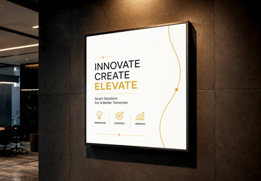 Square Office Signage Mockup on Dark Wall