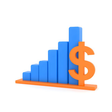 Blue bar graph with dollar sign on orange base showing financial growth on transparent background