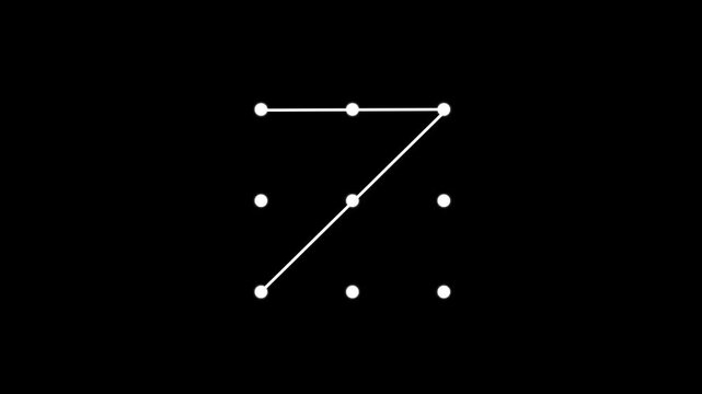 Security lock and unlock pattern icon animation on a black background.Lock to pattern icon showing a secure unlock motion animation.Draw pattern unlock animation with a satisfying