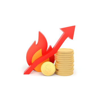 Red arrow and flame symbolizing rapid financial growth with gold coins on transparent background
