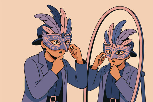 Reflective person wearing a feathered masquerade mask looking in a mirror representing self discovery and hidden identity.