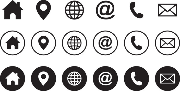A vector collection of essential contact and navigation icons, including home, location, web, email, and phone symbols, presented in three distinct styles&mdash;solid, outlined, and inverted&mdash;on a clean whit