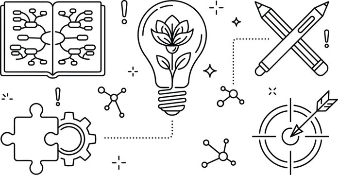 Creative thinking concept icons set with lightbulb plant book mindmap puzzle gear crossed pencils and target vector.