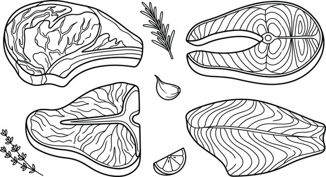 Raw meat and fish steak icons set with beef t-bone ribeye salmon fillet line art vector illustration.