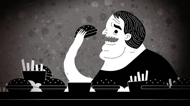 obese person with binge eating disorder compulsively eating hamburgers