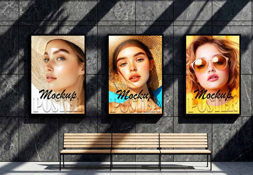 Three vertical fashion poster mockups on dark marble wall with bench