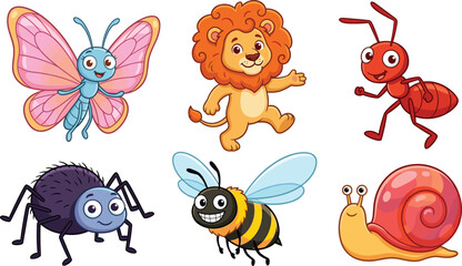 Cute cartoon animal and insect vector set featuring friendly lion butterfly bee ant spider and snail © Lipon