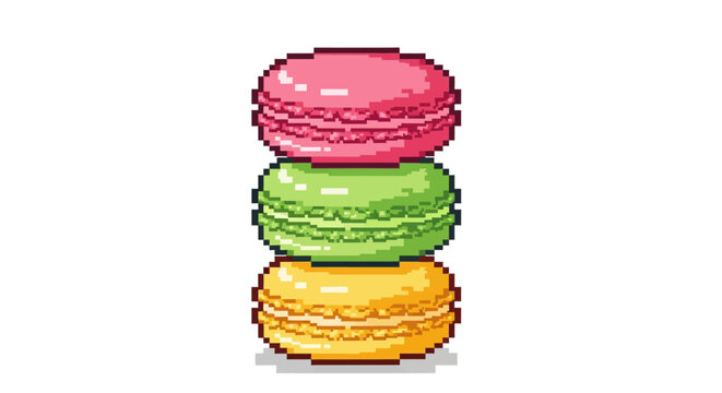 A colorful stack of three delicious French macarons in pixel art style.